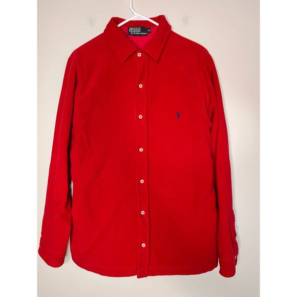 1990s Polo Ralph Lauren Bright Red Fleece Soft Thick Shacket Oxford Shirt XL - Picture 1 of 4